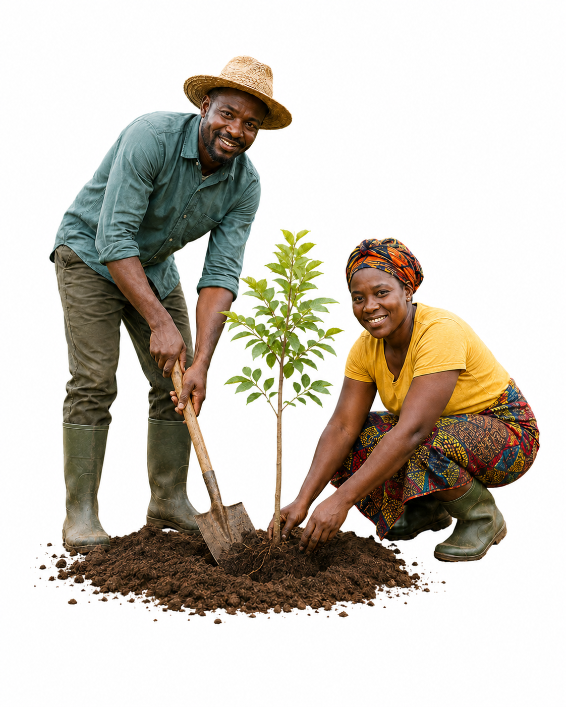 Two farmers planting a young tree together