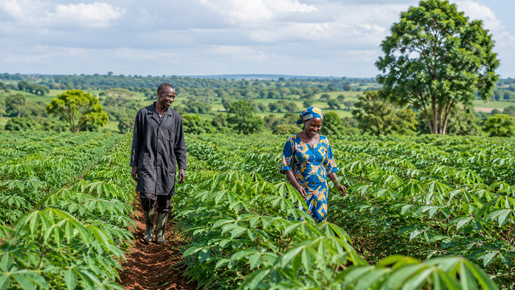 Farmers walking through a productive cassava field